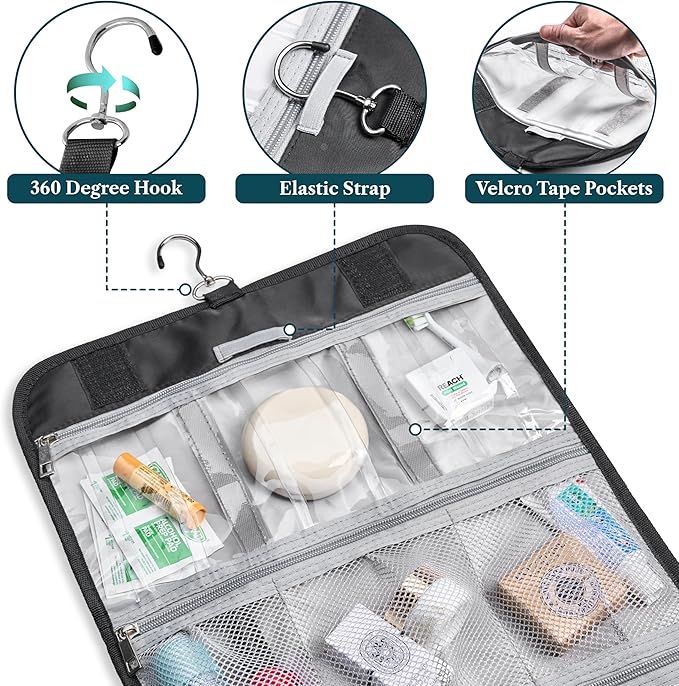 PAVILIA Hanging Toiletry Bag for Women Men, Large Foldable Toiletries Organizer with Hook, Water-Resistant Makeup Cosmetic Rollup Case, Clear Pockets for Bathroom, Gym, Cruise (Black)