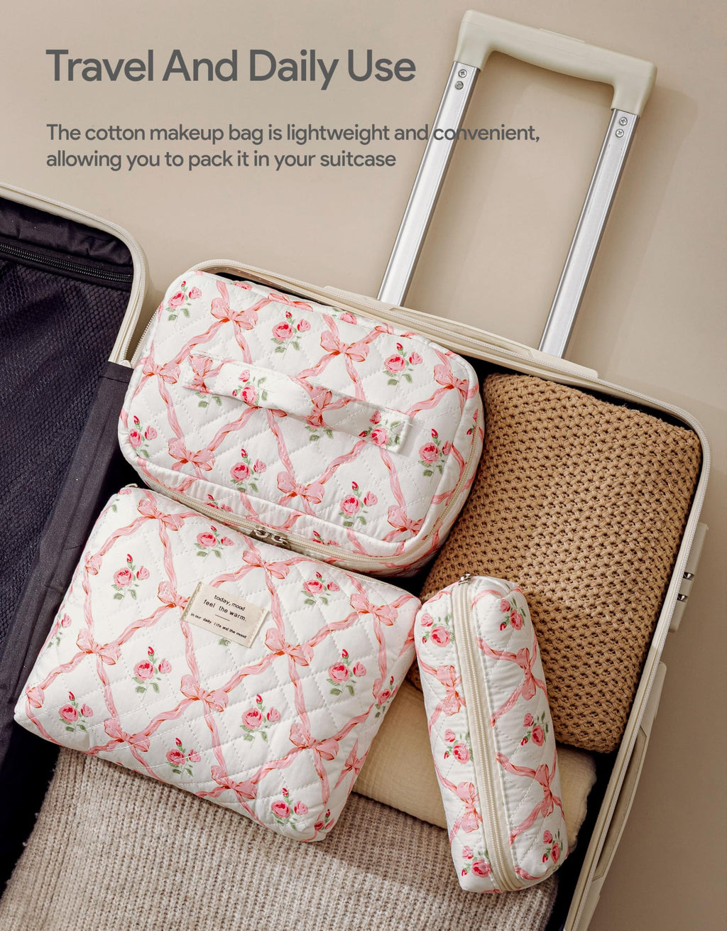 HBselect Quilted Makeup Bag, 3Pcs Cotton Large Travel Makeup Bags Organizer