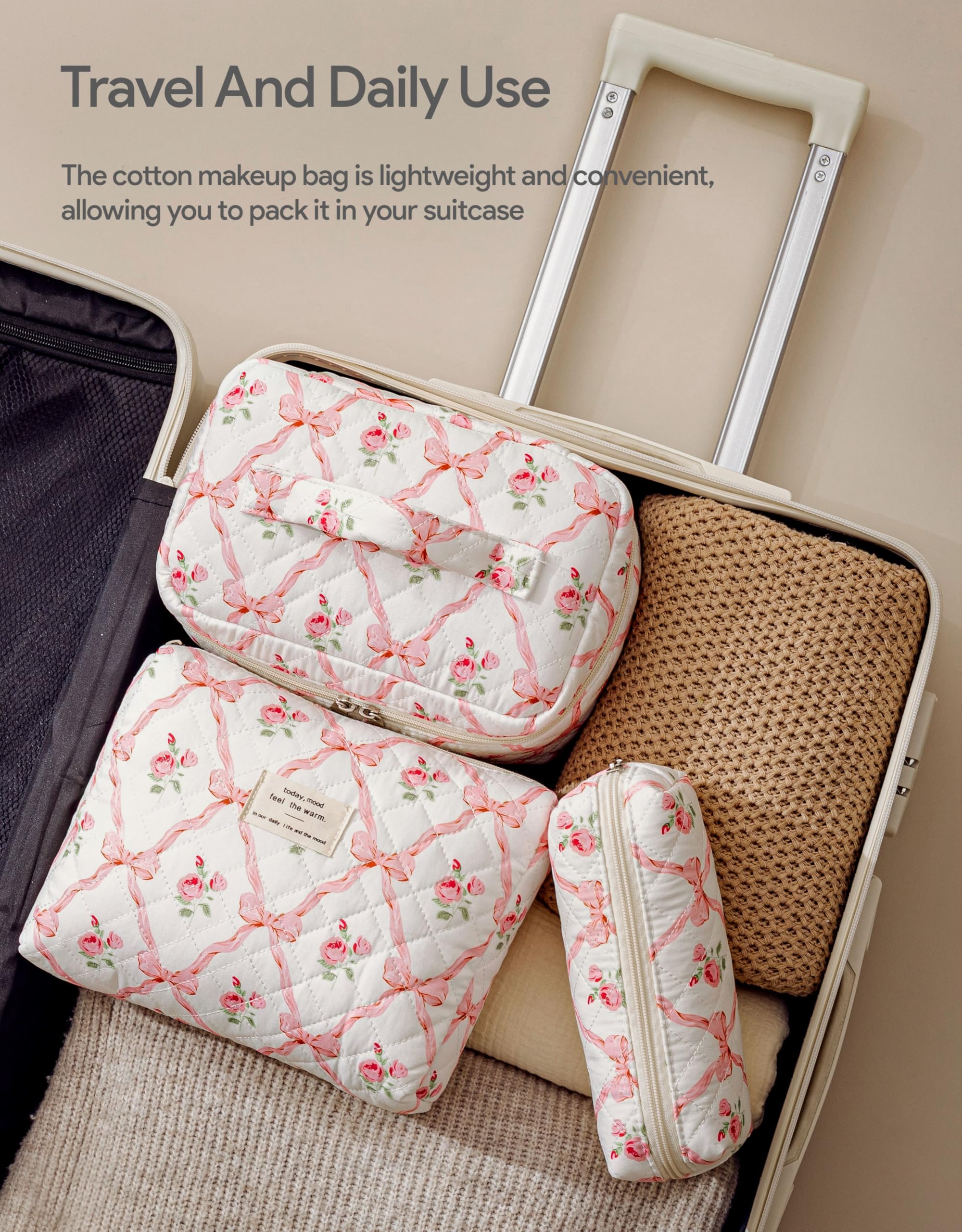 HBselect Quilted Makeup Bag, 3Pcs Cotton Large Travel Makeup Bags Organizer
