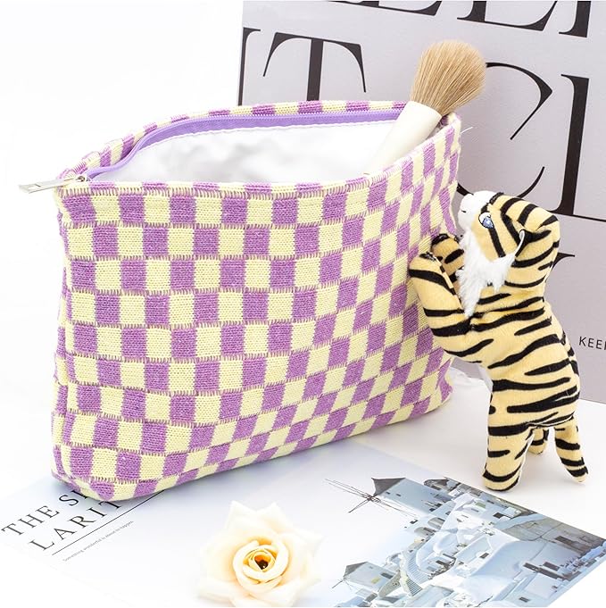 PAZIMIIK Checkered Makeup Bag for Purse, Small Flat Cosmetic Pouch,Purple