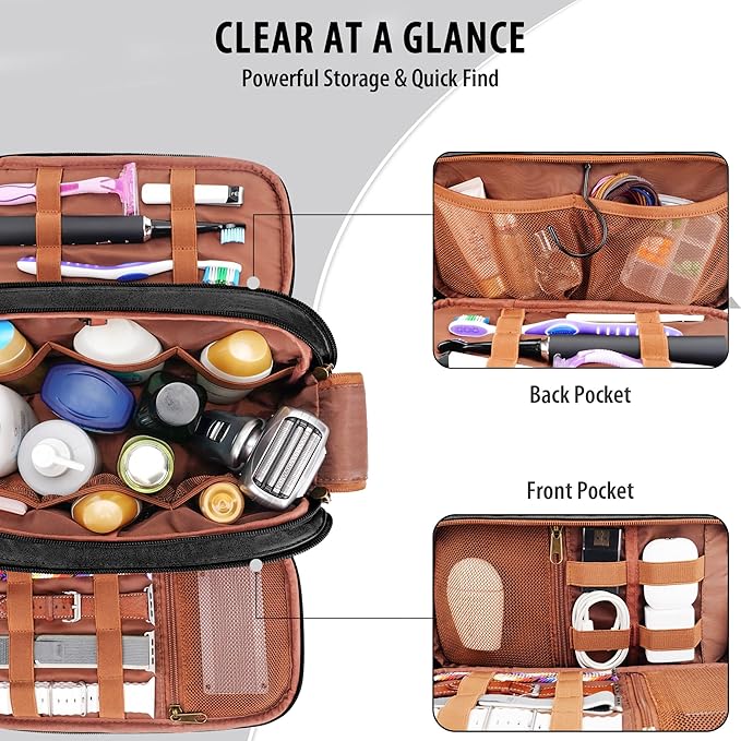 COOSKY Travel Toiletry Bag for Men, Large Hanging Toiletries Organizer Bags for Women, Cruise Ship Essentials, Water-resistant Shaving Case, PU Leather Makeup Accessories, Cosmetic Dopp Kit, Black