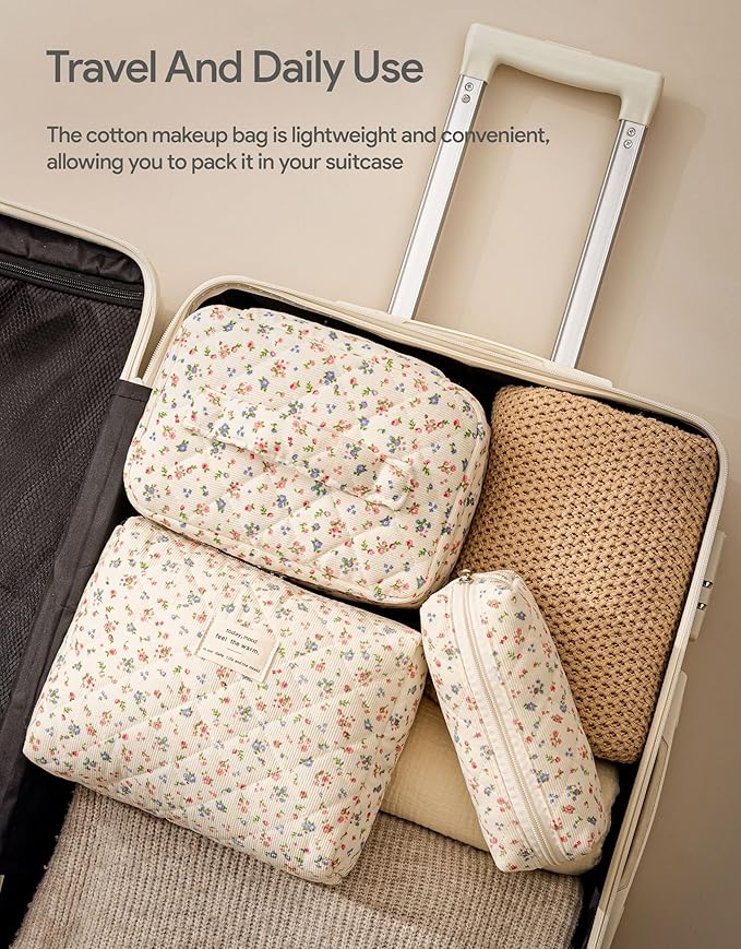 HBselect Quilted Makeup Bag, 3Pcs Cotton Large Travel Makeup Bags Organizer