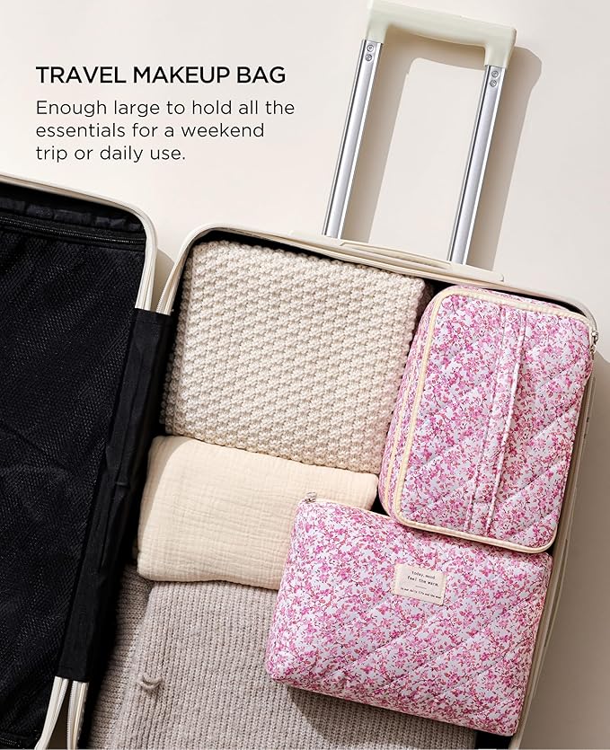 HBselect 2Pcs Travel Makeup Bag Large Quilted Cosmetic Bag Make up Bag
