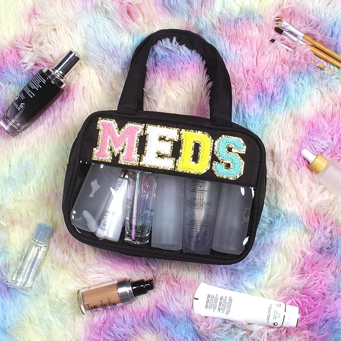 BuyCard Chenille Letter Clear Medicine Makeup Bag for Travel, Preppy Patch Nylon Cosmetic Meds Pouch with Handles and Zipper, Waterproof Large Travel Toiletry Bag Storage Case for Women Black