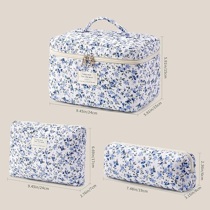 HBselect Quilted Makeup Bag, 3Pcs Cotton Large Travel Makeup Bags Organizer