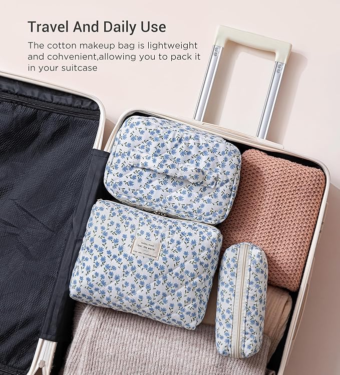 HBselect Quilted Makeup Bag, 3Pcs Cotton Large Travel Makeup Bags Organizer