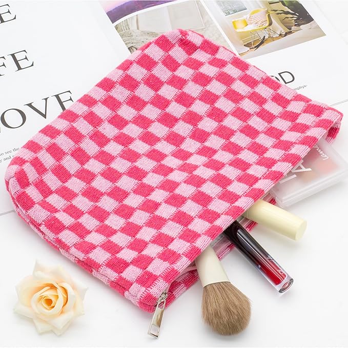 PAZIMIIK Checkered Makeup Bag for Purse, Small Flat Cosmetic Pouch,Hotpink