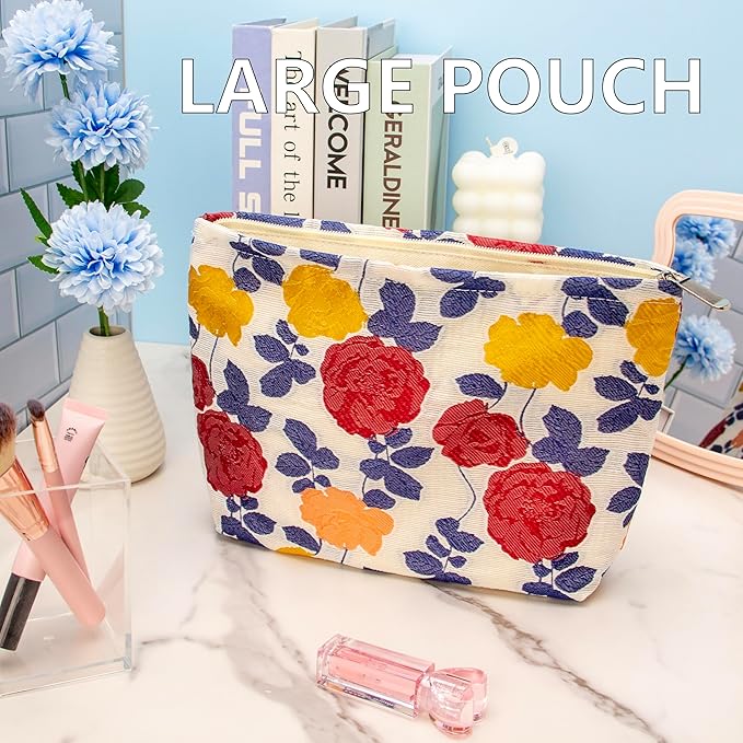 Flat Makeup Bag for Women,Zipper Cosmetic Pouch for Purse,Rose Beige
