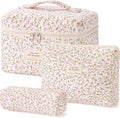 HBselect Quilted Makeup Bag, 3Pcs Cotton Large Travel Makeup Bags Organizer