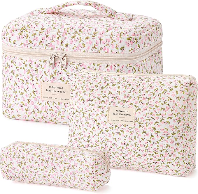 HBselect Quilted Makeup Bag, 3Pcs Cotton Large Travel Makeup Bags Organizer