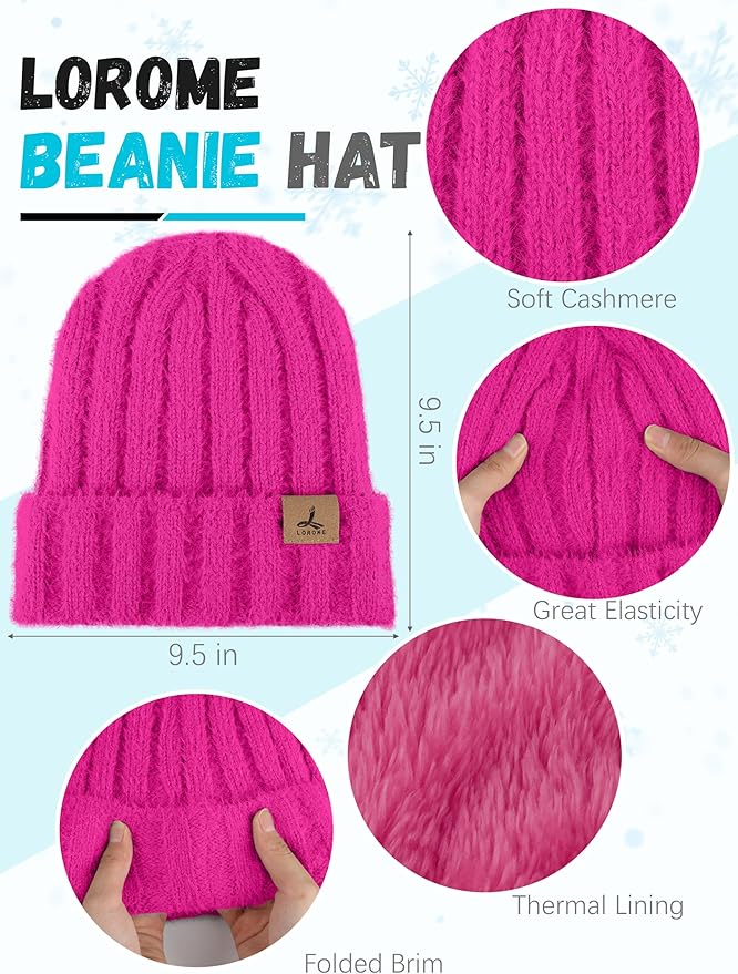 LOROME Winter Beanie Hat Gloves Scarf, Cashmere Hat Gloves Scarf Set Women