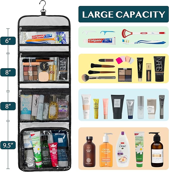 PAVILIA Travel Hanging Toiletry Bag for Women Men, Extra Large Capacity Makeup Bag Kit, Waterproof Cosmetic Storage Organizer Case for Bathroom Shower, Black