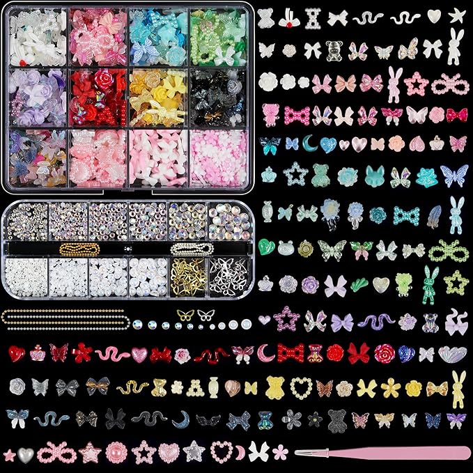 Artdone Nail Art Studs Glitter Kit, 2 Boxes Multicolor 3D Charms Flower Butterfly Snake Rabbit Diamond Cute Nail Jewels for DIY Decoration with Pickup Tools