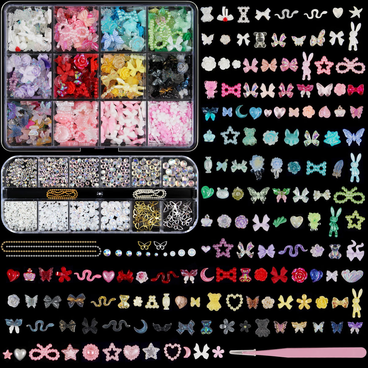 Artdone Nail Art Studs Glitter Kit, 12 grids 8 Colors 3D Charms and Pink Mix White Star Heart Moon Cute Nail Jewels for DIY Decoration