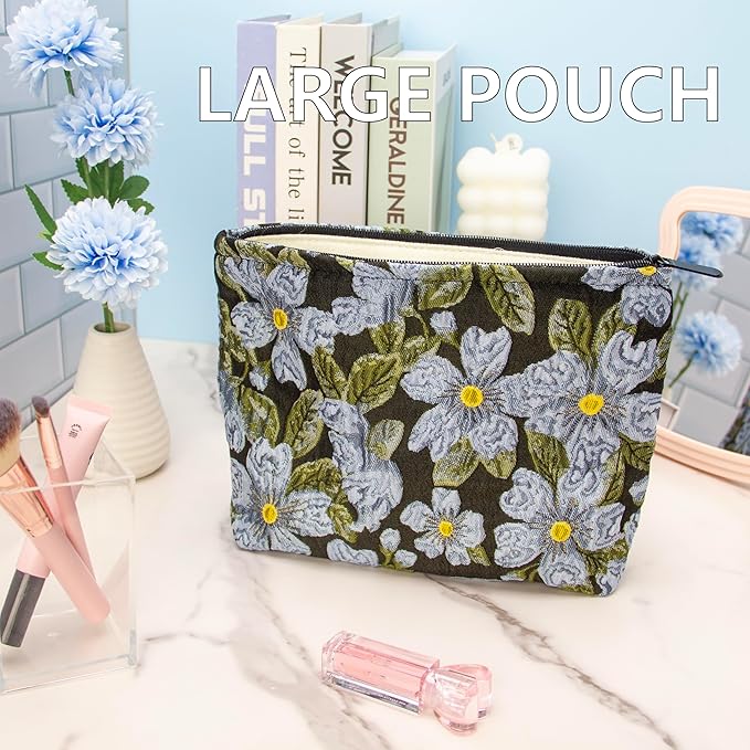 Flat Makeup Bag for Women,Zipper Cosmetic Pouch Purse,Brocade Flower Black