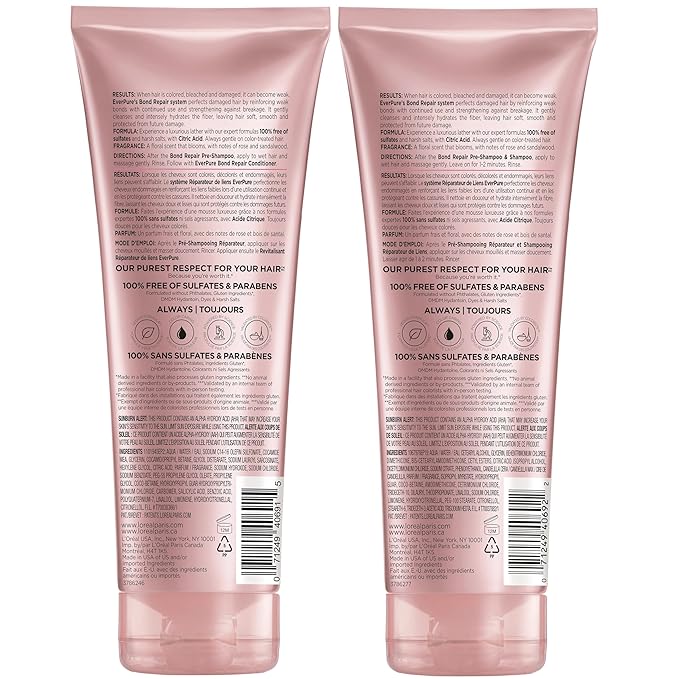 L'Oreal Paris Sulfate Free Bond Repair+ Shampoo and Conditioner Set with Bond + Amino Acid Complex, Strengthens and Repairs Damaged or Color Treated Hair, EverPure, 13.6 Fl Oz Set (Packaging May Vary)