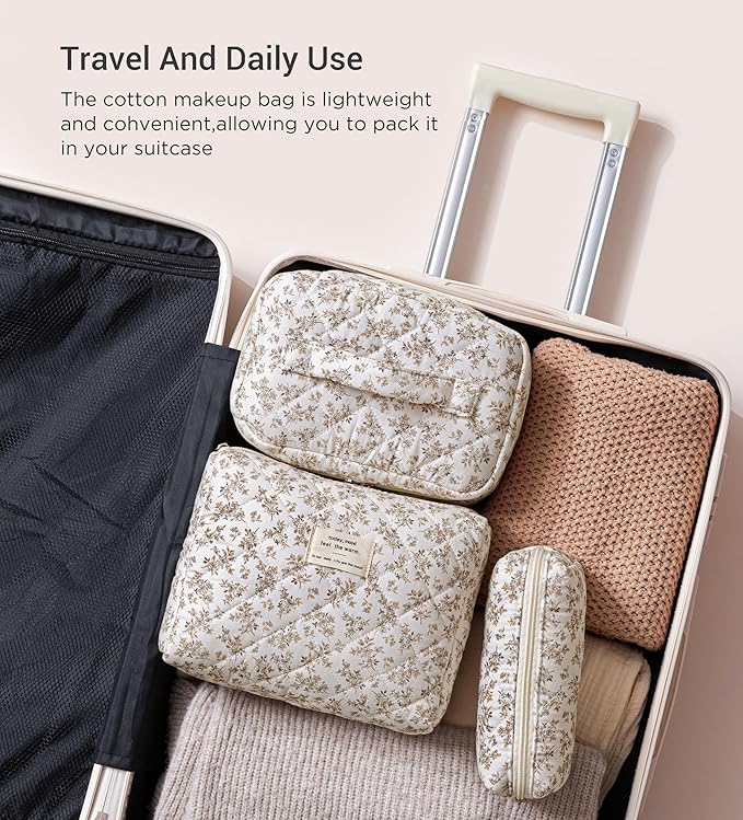 HBselect Quilted Makeup Bag, 3Pcs Cotton Large Travel Makeup Bags Organizer