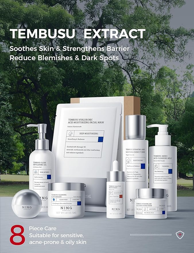 NING DERMOLOGIE Korean Skin Care Set Anti Aging: 8-Step Tembusu Essence Skincare Gift Set for Women - Complete Facial Care Kit for Cleansing, Exfoliating, Masking & Moisturizing