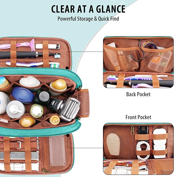 COOSKY Travel Toiletry Bag for Men, Large Hanging Toiletries Organizer Bags for Women, Cruise Ship Essentials, Water-resistant Shaving Case, PU Leather Makeup Accessories, Cosmetic Dopp Kit, Lake Blue