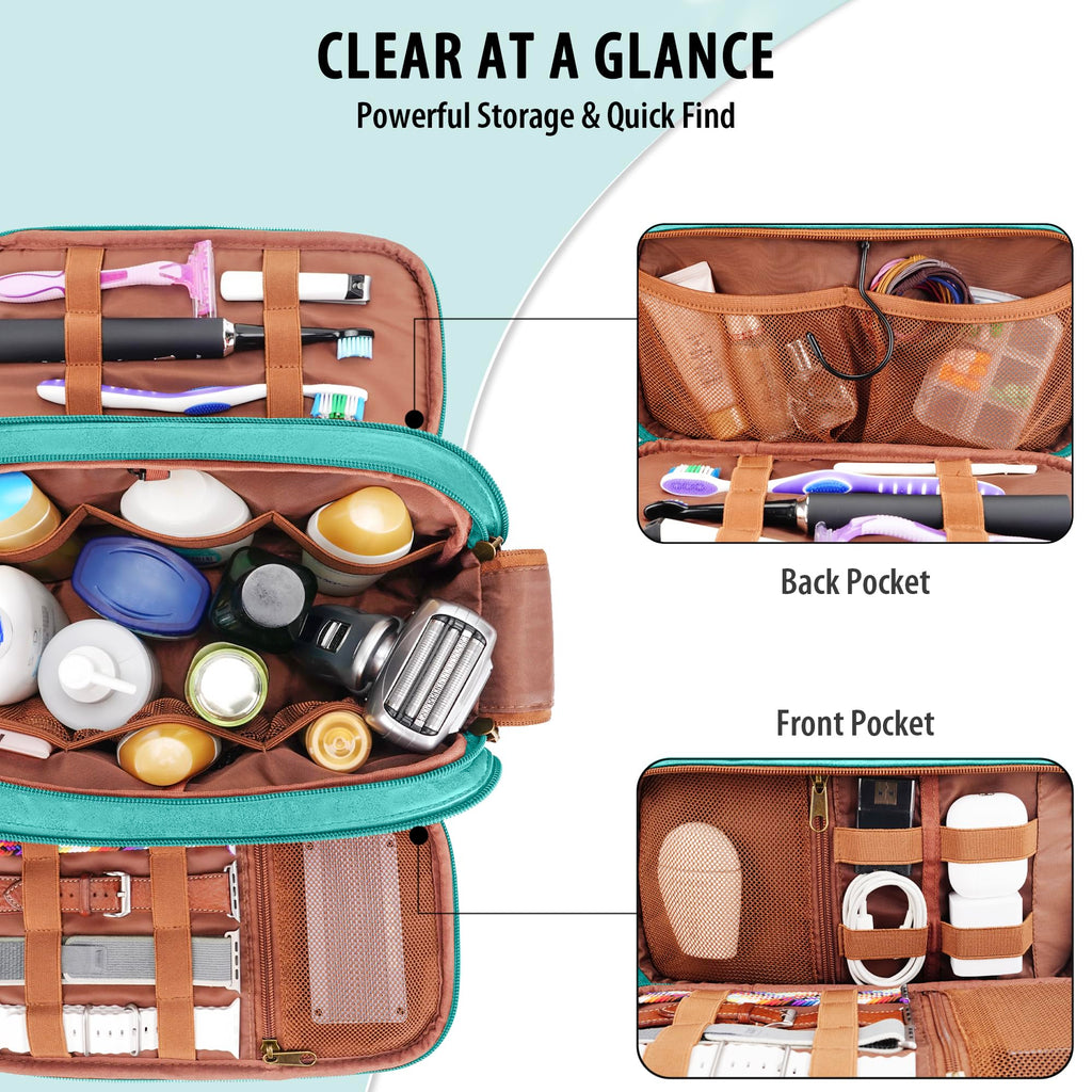 COOSKY Travel Toiletry Bag for Men, Large Hanging Toiletries Organizer Bags for Women, Cruise Ship Essentials, Water-resistant Shaving Case, PU Leather Makeup Accessories, Cosmetic Dopp Kit, Lake Blue
