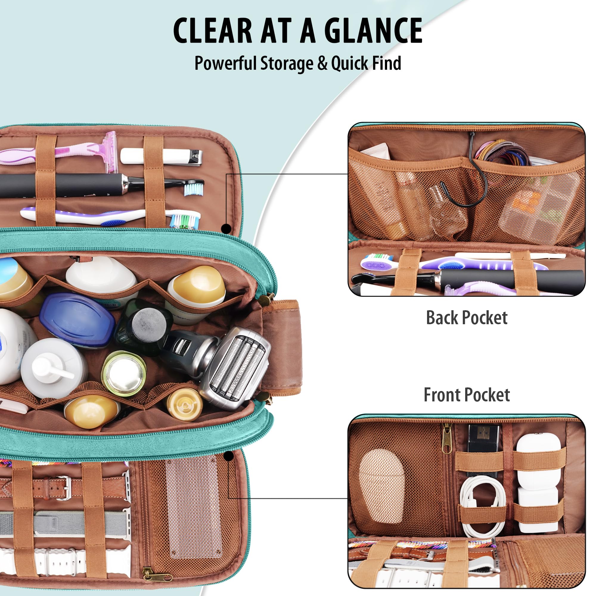 COOSKY Travel Toiletry Bag for Men, Large Hanging Toiletries Organizer Bags for Women, Cruise Ship Essentials, Water-resistant Shaving Case, PU Leather Makeup Accessories, Cosmetic Dopp Kit, Lake Blue
