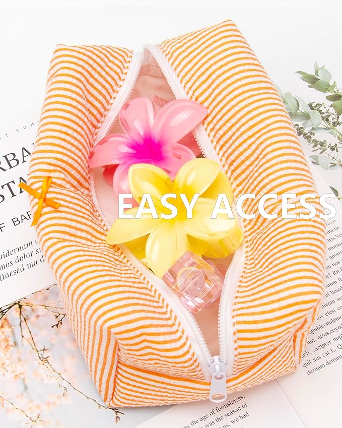 PAZIMIIK 2PCS Cozy Makeup Bag Small Aesthetic Travel Zipper Cosmetic Pouch for Women Make Up Beauty Accessories Brushes, Stripe Orange