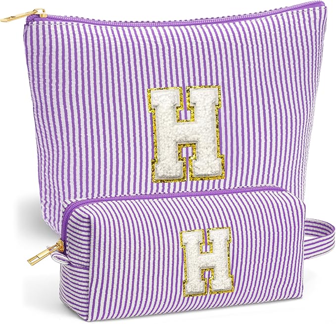 Fohufo Small Makeup Bag for Purse - Travel Makeup Bag Set, Initial Make up Bag Organizer Makeup Pouch, Purple Preppy Stuff Birthday Gifts for Women Travel Essentials, Purple Letter H