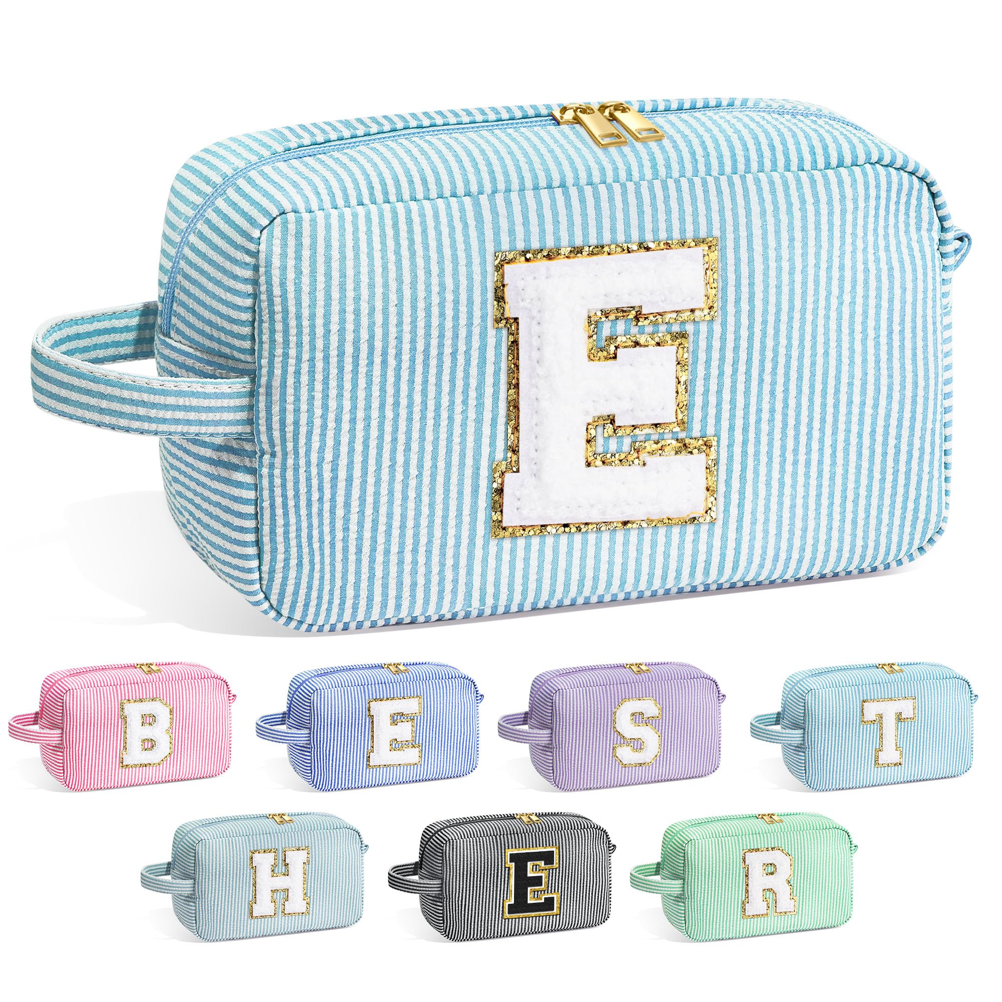 YOOLIFE Birthday Gifts for 6 7 8 9 10 11 12 13 14 15 Year Old Teen Girl - Initial Makeup Bag Letter Toiletry Pouch Cosmetic Case, Personalized Teen Girl Gifts Trendy Stuff Party Favor, Light Blue E
