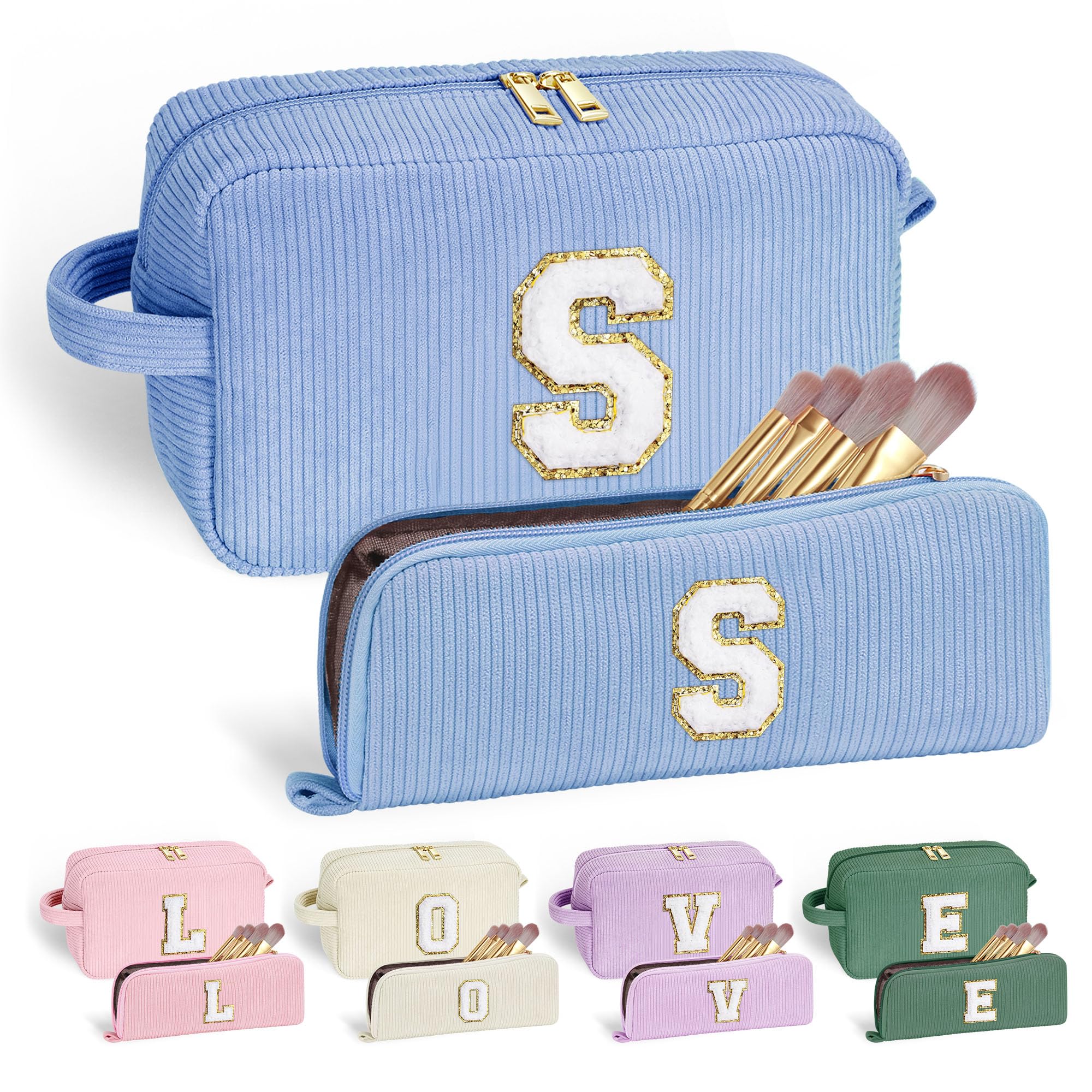 YOOLIFE Personalized Gifts: Teen Girls Birthday Gift - Makeup Pouch, Cosmetic Bag, Skincare Bag for Women for Sister, Daughter, Wife or Her - Blue Letter S