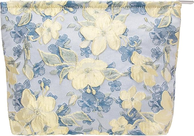 Flat Makeup Bag for Women,Zipper Cosmetic Pouch for Purse,Brocade Blue