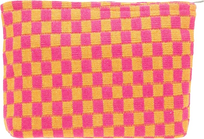 Checkered Makeup Bag for Purse, Small Flat Cosmetic Pouch,Red Orange