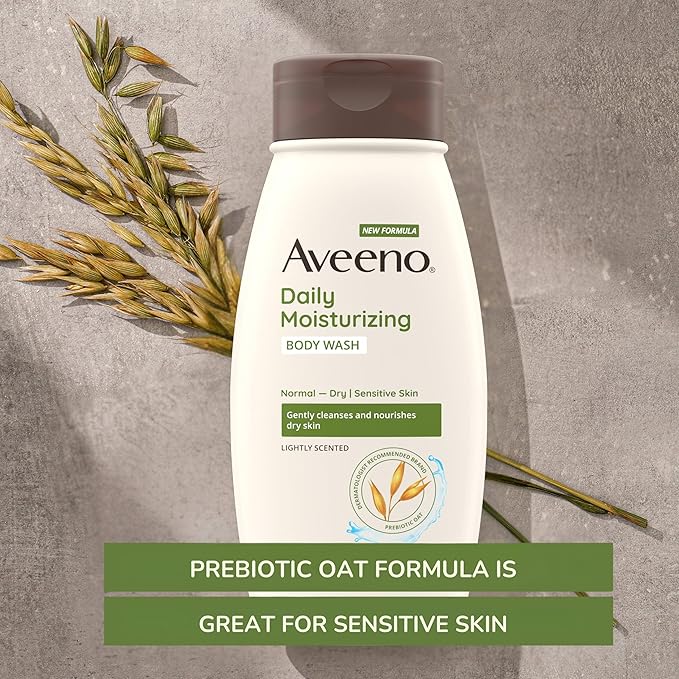 Aveeno Daily Moisturizing Body Wash for Normal to Dry Skin, Sensitive Skin Formula with Prebiotic Oat, Gently Cleanses & Nourishes Dry Skin, Lightly Scented Body Wash for Women and Men, 18 Fl Oz