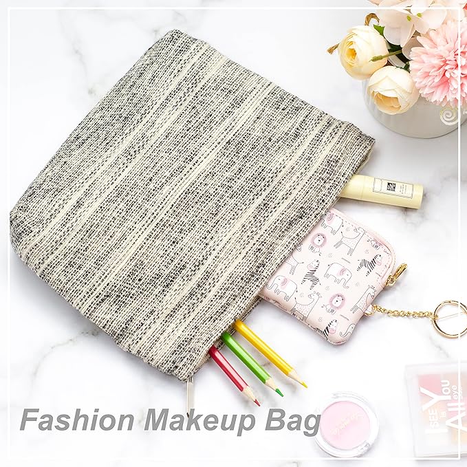 Flat Makeup Bag for Women,Zipper Cosmetic Pouch for Purse,Ripple Grey