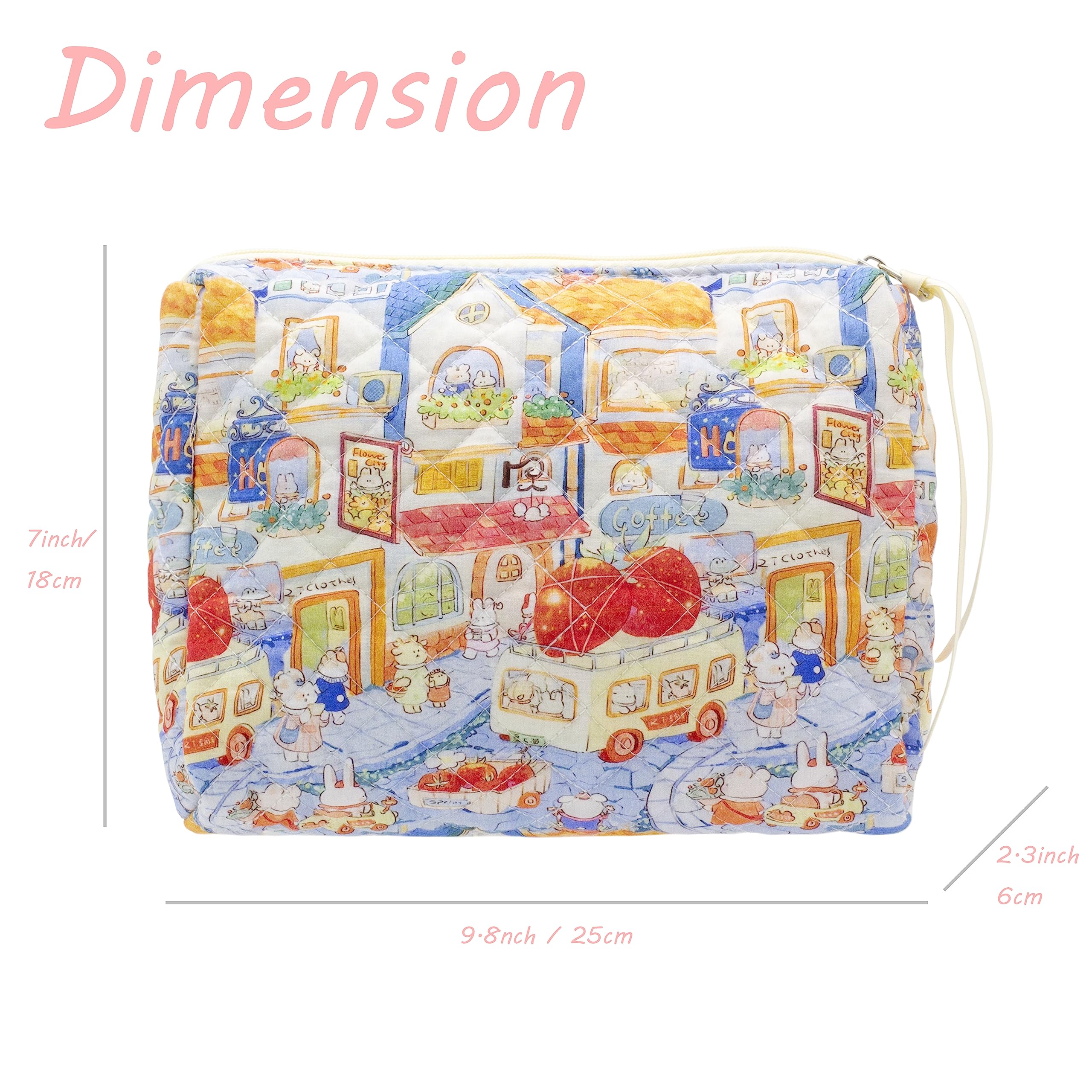 PAZIMIIK Quilted Makeup Bag Large Travel Zipper Soft Cosmetic Pouch for Women Girls Make Up,Little Bunny