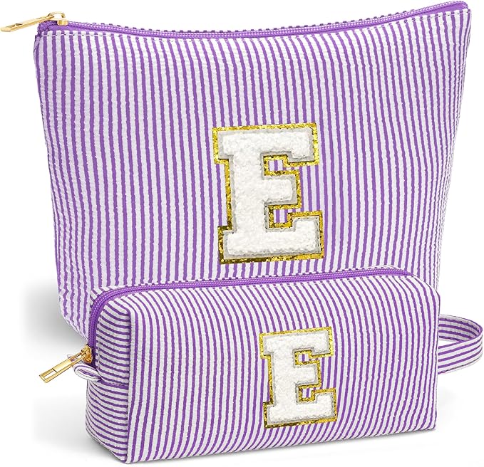 Fohufo Initial Makeup Bag Set - Cute Purple Stuff for Women, Makeup Pouch Cosmetic Bag Small Makeup Bag for Purse, Travel Essentials Toiletry Bag for Women Birthday Gifts, Purple Letter E