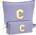 Fohufo Initial Makeup Kit - Cosmetic Bags for Women, Make up Bag Set Portable Travel Toiletry Bag with Zipper, Cute Blue Stuff Birthday Gifts for Women Mom Girlfriend, Blue Letter C