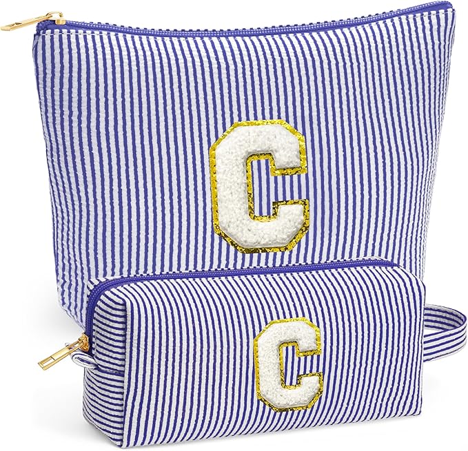 Fohufo Initial Makeup Kit - Cosmetic Bags for Women, Make up Bag Set Portable Travel Toiletry Bag with Zipper, Cute Blue Stuff Birthday Gifts for Women Mom Girlfriend, Blue Letter C