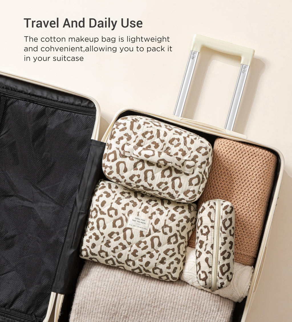 HBselect Quilted Makeup Bag, 3Pcs Cotton Large Travel Makeup Bags Organizer