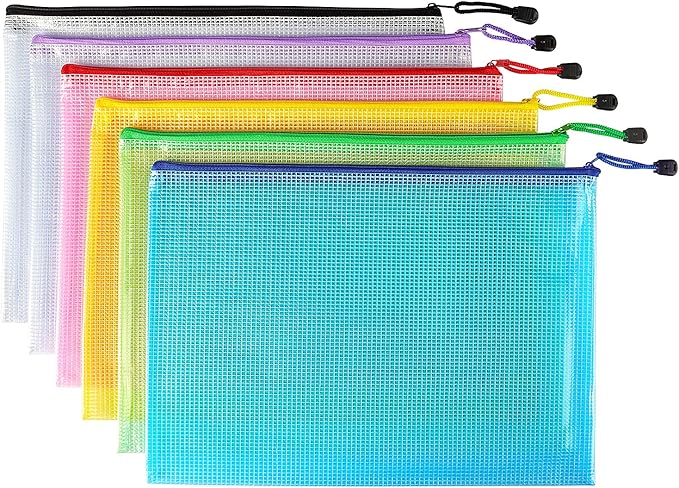 6 Pack Mesh Zipper Pouch Bags, Waterproof Zipper Pouch A4 Size
