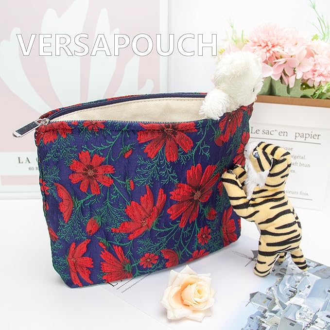 Flat Makeup Bag for Women,Zipper Cosmetic Pouch for Purse,Brocade Navy Blue