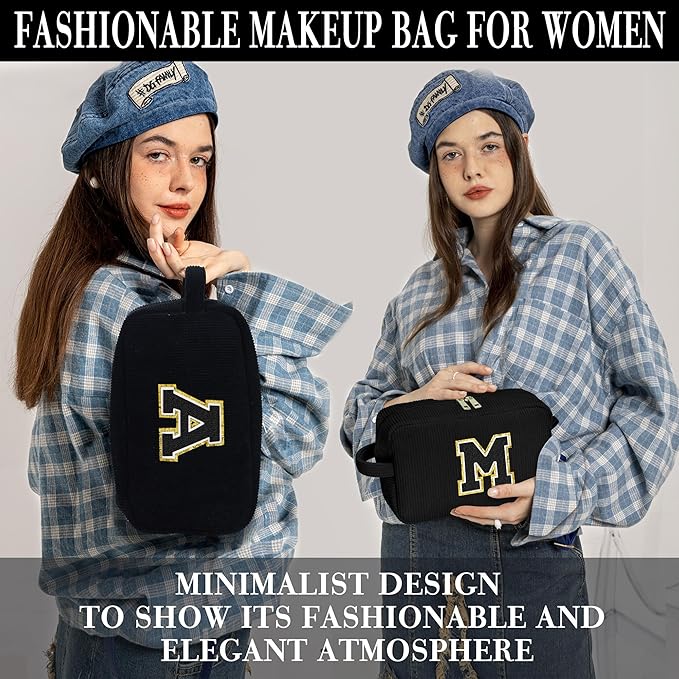 YOOLIFE Black Cosmetic Bags for Women - Initial Travel Makeup Bag with Small Makeup Brush Bag Travel Essentials Corduroy Makeup Bag Bridesmaid Proposal Gifts Granddaughter Gifts for Women Letter K