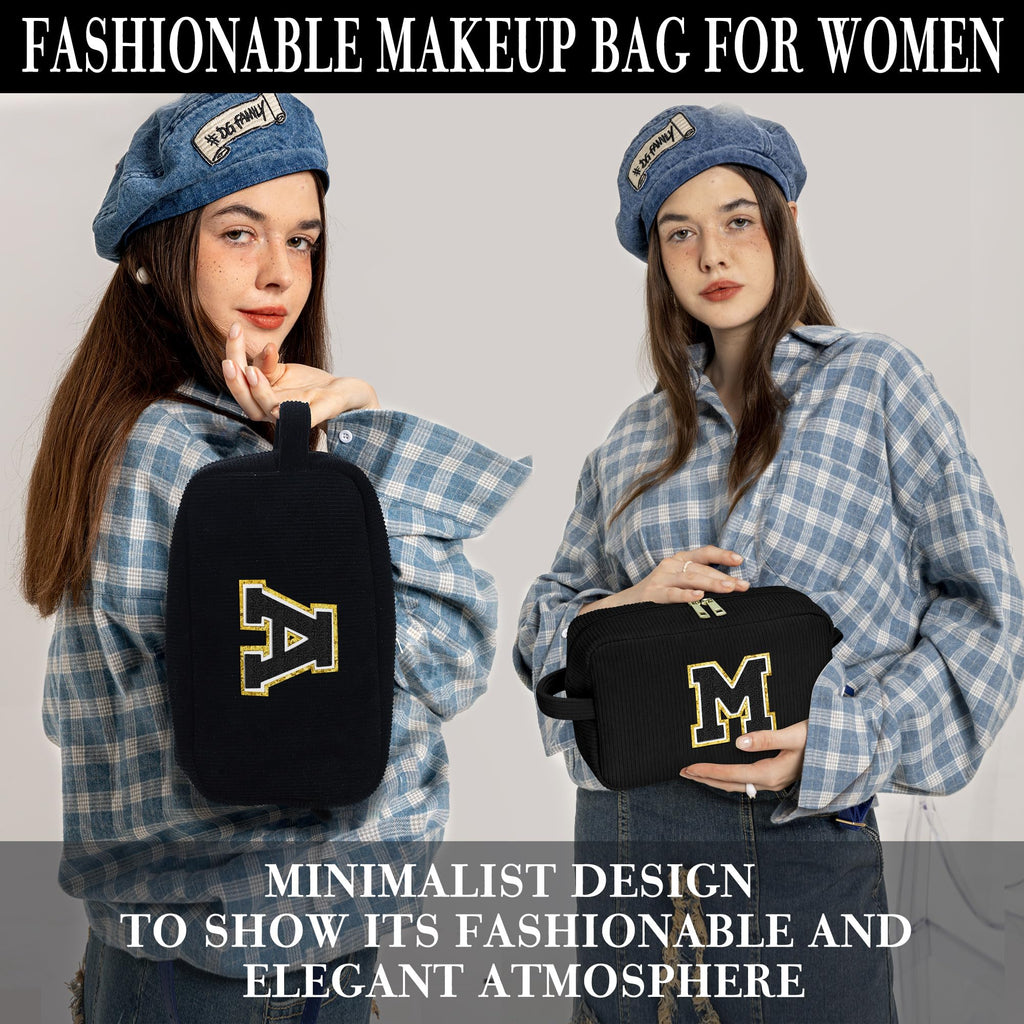 YOOLIFE Women Gifts Travel Makeup Bag - Initial Cosmetic Bag Cute Makeup Bag Travel Essentials Makeup Brush Bag Small Black Girls Makeup Bag Personalized Gifts for Women Her Teen Girl Black Letter A