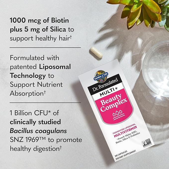 Garden of Life Dr. Formulated Multi+ Beauty Complex Capsule with Biotin, French Melon & Probiotics – Hair, Skin & Nails, Non-GMO, Gluten-Free, 30 Vegetarian Capsules