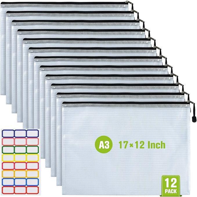 12PCS Mesh Zipper Pouch Bags: A3 Clear Zipper Pouches for Classroom, Black