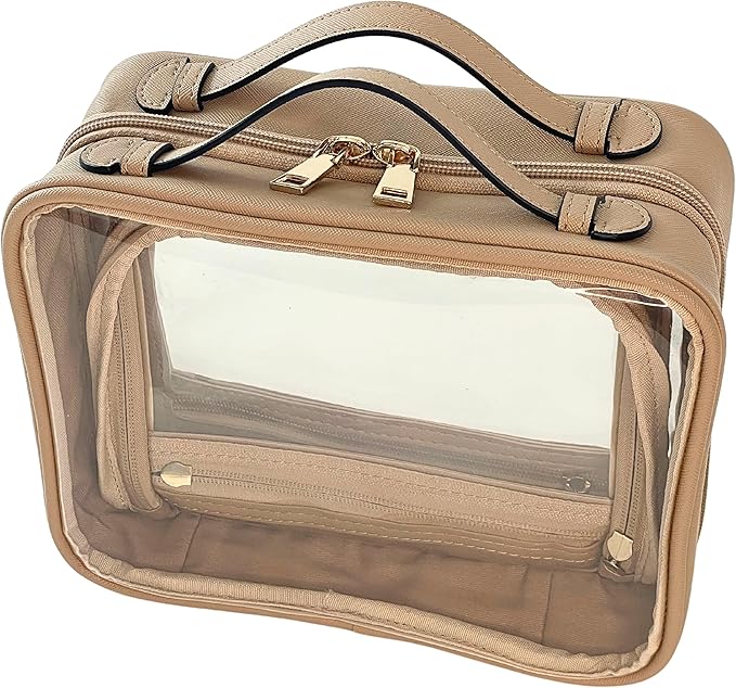 JAZD Clear Makeup Bag Toiletry Bag for Women Cosmetic Case Large Capacity Travel Make Up Bag Organizer Transparent Storage Compartment TSA Approved (BEIGE)