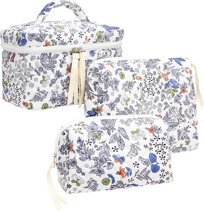 3 Piece Quilted Makeup Bag Set for Women,Cosmetic&Toiletry Bag,Leaf White