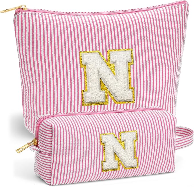 Fohufo Initial Travel Toiletry Bag for Women - Travel Essentials, Travel Makeup Bag Small Cosmetic Make up Bag Cute Stuff Birthday Gifts for Women Mom Girlfriend Teacher, Pink Letter N