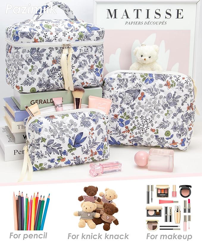 3 Piece Quilted Makeup Bag Set for Women,Cosmetic&Toiletry Bag,Leaf White