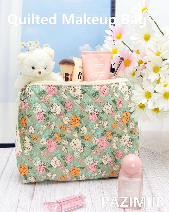 Quilted Makeup Pouch for Women, Travel Cosmetic&Toiletry Bag,Green Flower