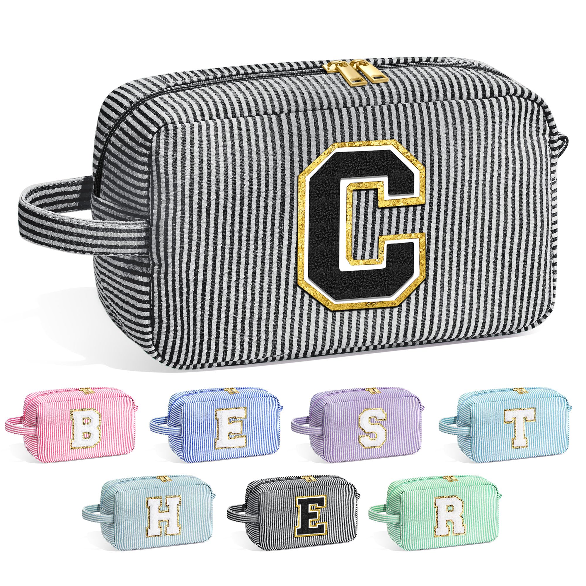 YOOLIFE Birthday Gifts for 6 7 8 9 10 11 12 13 14 15 Year Old Teen Girl - Initial Makeup Bag Letter Toiletry Pouch Cosmetic Case, Personalized Teen Girl Gifts Trendy Stuff, Black C